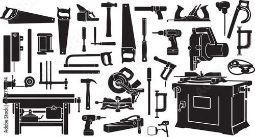 Collection of various carpentry tools and equipment