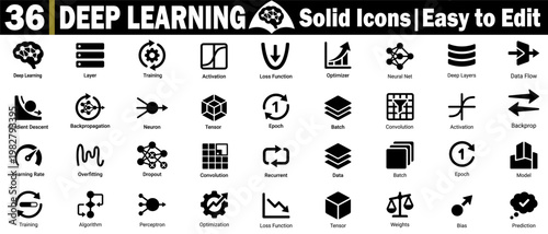 Set of deep learning solid icons. Representing neural networks, data flow, training, and optimization algorithms with a clean design on a transparent background vector illustration.