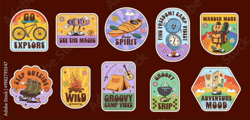 Travel and camp groovy label stickers, adventure trip retro patches with hiking boots, backpack, compass and map vector mascots. Cartoon funky groovy camping tent, guitar, campfire and pot stickers