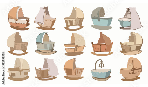 Decorative baby cradle illustration set with floral and ribbon designs for nursery themes isolated on white