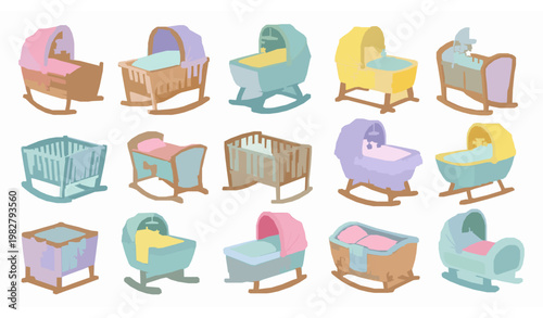 Cute baby cradle collection for newborn boys and girls in pastel colors isolated on white background
