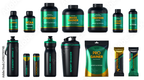 3d sport nutrition package and bottle mockup, whey protein. Black plastic containers, shaker and bars. Realistic vector fitness supplement bottles. Gainer, creatine, bcaa, amino vitamins, energy drink