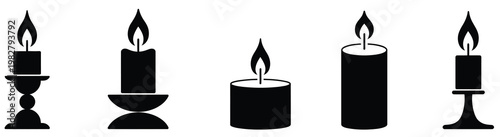 Candle Vector Icon Set, Collection Of Flat Burning Candle Flame Icons In Clean Minimal Style, Decorative Light Symbols For Festive Design, Mood Lighting, Meditation