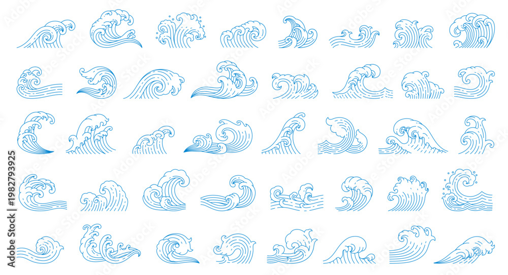Obraz premium Asian sea wave icons, Japanese or Chinese ocean water arching peak, cresting roller, wind blown chop and frothy splash, rolling swell, breaking surf, spiraling foam. Vector blue linear wave flow set