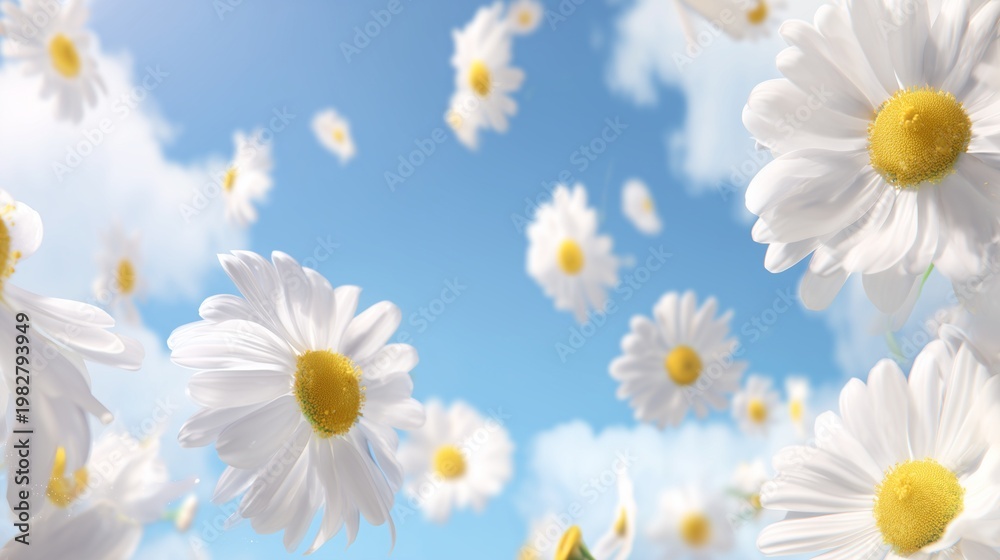 Fototapeta premium Chamomile flowers suspended in the air against a blue sky background