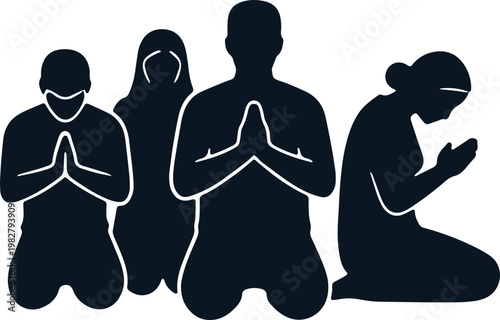 Silhouettes of people praying together in a group religious worship.
