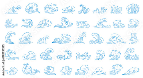 Asian sea wave icons, Japanese or Chinese ocean water arching peak, cresting roller, wind blown chop and frothy splash, rolling swell, breaking surf, spiraling foam. Vector blue linear wave flow set