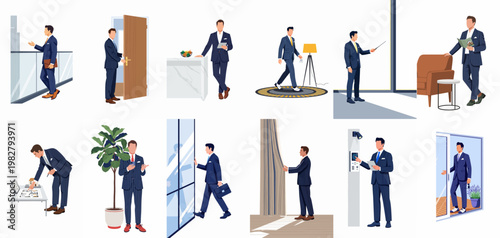 Set of flat vector illustrations depicting a professional real estate agent or businessman in a pinstripe suit performing various property-related and office tasks.