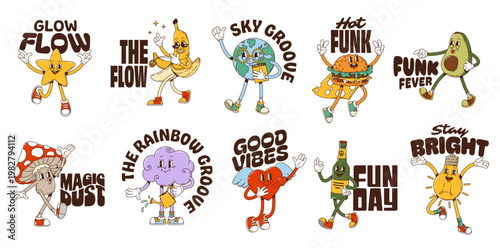 Retro funky Y2K groovy hippie characters stickers. Funky vector dancing and smiling mascots. Star, banana, avocado, lightbulb, fly agaric, Earth, burger, cloud, heart, and beer bottle for Y2K fashion