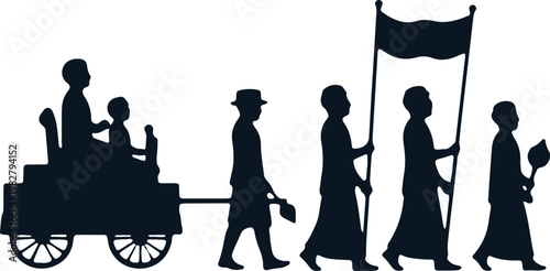 Silhouette procession including person pulling cart with children and banner flag holders.