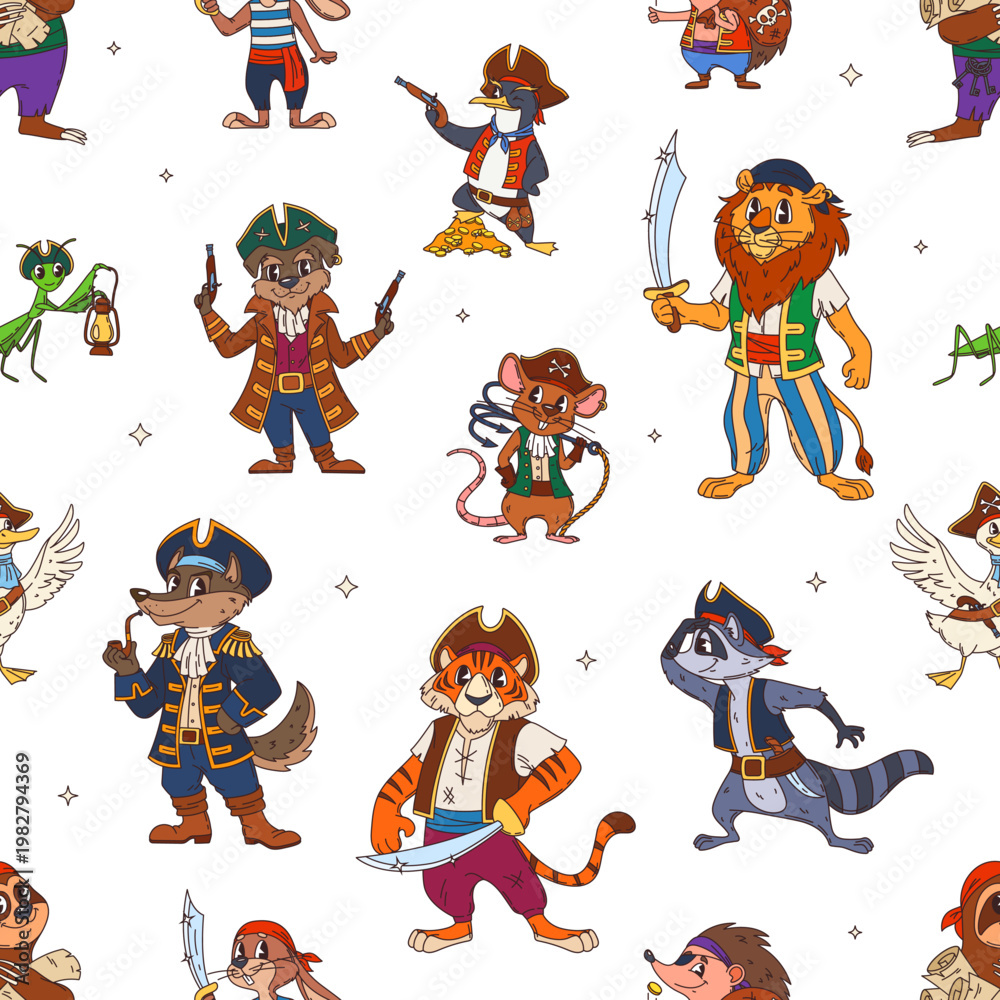 Fototapeta premium Cartoon animal pirate characters seamless pattern. Funny seagull in tricorne hat, lion, grasshopper, tiger, raccoon, mouse, wolf, dog, bunny, penguin and hedgehog in pirate costumes for kids party