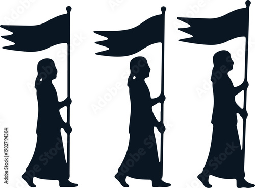 Group of three people in robes marching while carrying tall decorative banner flag poles.