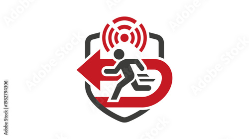Icon of Person Running with Arrows and Signal in Shield for Emergency Evacuation