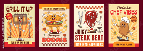 Retro barbeque groovy hippie meat characters posters with grill steak, mascot potato, funny burger and bbq grate. Funny summer flyer template with cute doodle vintage elements and checkerboard pattern