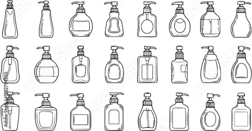 Personal Care Dispenser Bottles Collection. Hand-drawn Black and White Line Art Icons for Hygiene, Soap, Shampoo, Lotion, and Cosmetic Products.