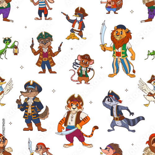Cartoon animal pirate characters seamless pattern. Funny seagull in tricorne hat, lion, grasshopper, tiger, raccoon, mouse, wolf, dog, bunny, penguin and hedgehog in pirate costumes for kids party