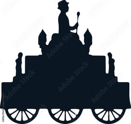 Silhouette of traditional chinese opera performer on elaborate float with three wheels.