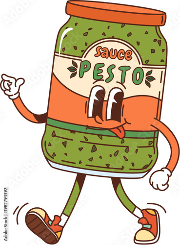 Cartoon groovy pesto sauce bottle character. Pesto jar happy hippie vector character, sauce bottle retro groovy mascot. Culinary ingredient container funny personage walking with sticking tongue