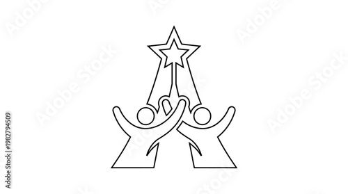 Icon of Two Human Figures Supporting a Star with a Wand, Celebration or Achievement Symbol, Vector Illustration