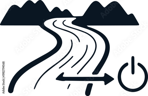 River flowing from mountains to power button symbolizing hydroelectric energy generation.