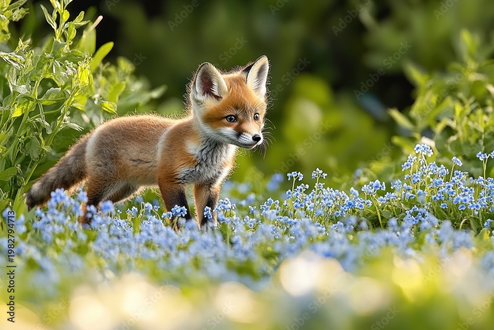 Fototapeta premium curious red fox kit standing among blue wildflowers in a sunlit green meadow