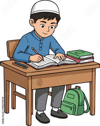 Boy Student Learning and Writing in a Book at a Desk While Wearing a Traditional Muslim Kufi Cap
