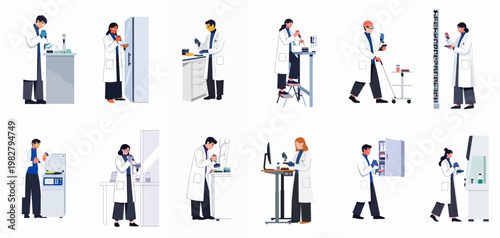 Set of laboratory scientists characters conducting research experiments and clinical testing in medical lab isolated on white background