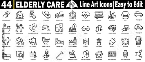 Elderly care line art icons. Representing companionship, home safety, medical aid, and mobility assistance with a simple, editable design on a transparent background vector illustration.