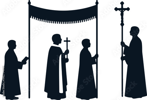 Religious procession silhouette with priest holding cross under ceremonial canopy banner.