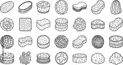 Household Cleaning Sponges and Scrubbers Vector Collection. Black  White Line Art Outline Doodle Style Icons for Hygiene, Bathroom, Kitchen, and Washing Products.
