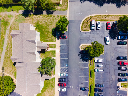 Overhead view of suburban housing and parking lot layout Leesburg Virginia United States