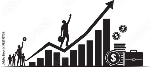 Businessman on top of growing graph with money
