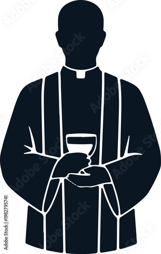 Clergy man holding chalice and host religious ceremony illustration dark blue silhouette.
