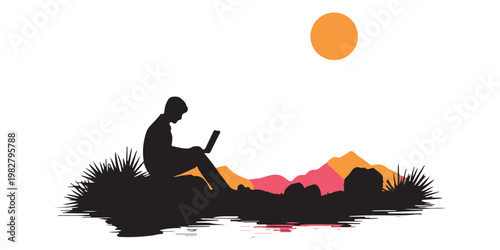 Work From Anywhere Remote Job Lifestyle Minimal Black Vector Illustration on white background.