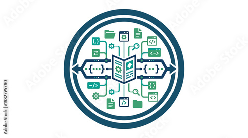 Vector Icon Technology Book with Digital Devices and Data Connections