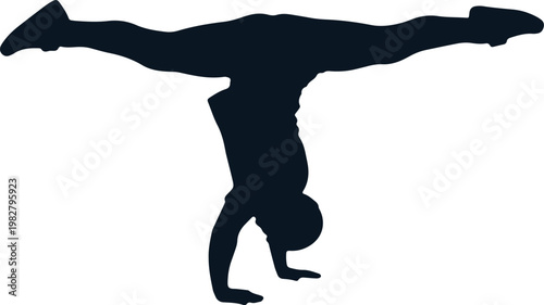 Breakdancer doing handstand split in silhouette dark blue athletic pose.