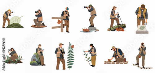 Collection of nature photographers and field researchers in various poses capturing details of the natural world, isolated on white background.