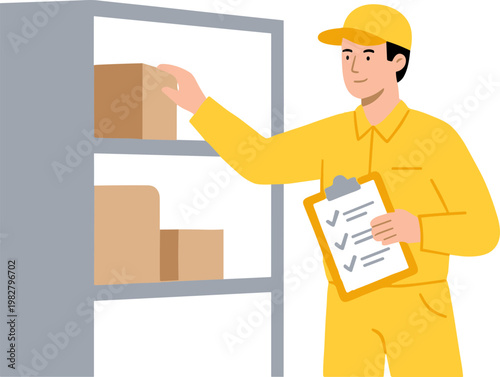 Worker in yellow uniform picking boxes from shelf in warehouse