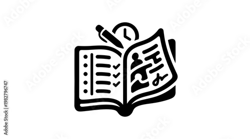 Icon of Open Book with Clock and Pen for Education and Learning Apps