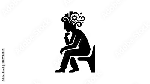 Icon of Thoughtful Human Silhouette Sitting on Chair with Gears in Head, Mental Focus and Brainstorming Vector Icon