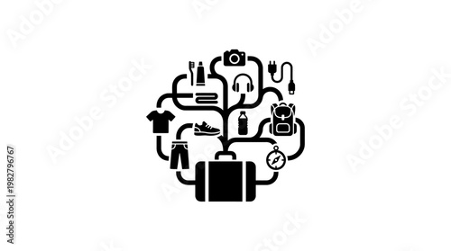 Icon Set Depicting Travel and Adventure Equipment in Modern Vector Style