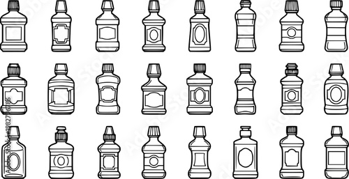 Black and White Line Art Vector Icons: Diverse Collection of Mini Alcohol and Drink Bottles. Outline Set for Beverage and Liquor Industry Illustration.