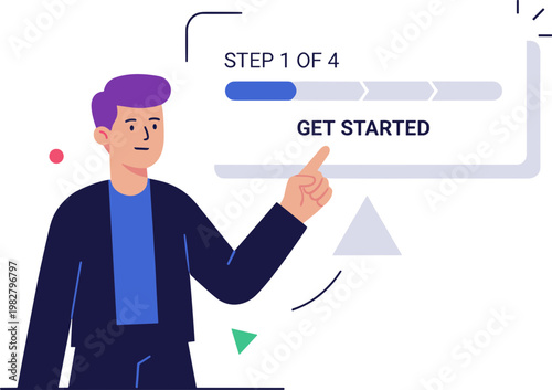 A man in a blue shirt and dark jacket points to a step-by-step process diagram.