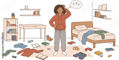 A woman stands in her messy bedroom, surrounded by clothes and books scattered everywhere, looking stressed.