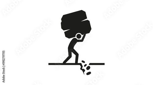 Icon of Person Carrying Heavy Rock on Shoulders in a Minimalist Black and White Style