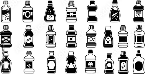 Mouthwash Bottles Glyph Icons Set. Dental Care and Personal Hygiene Oral Rinse Liquid Containers in Black and White Solid Style.