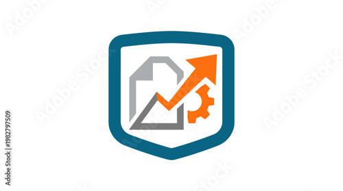 Icon of Growth Chart with Arrow and Gear in Shield Style for Business Performance