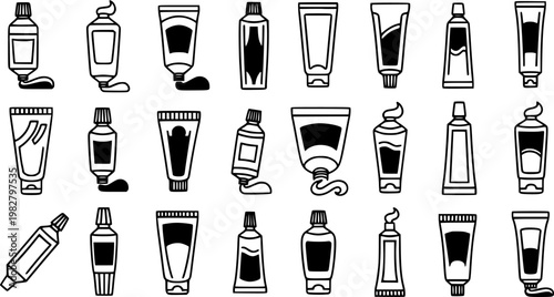 Art  Beauty Product Packaging Tubes and Bottles Black  White Line Art Icons Set for Paint, Cream, Cosmetic, and Hygiene Products