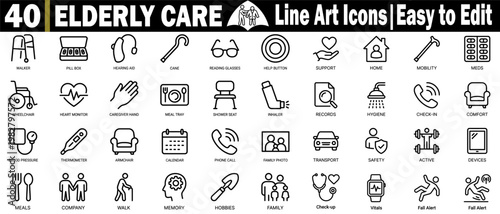Elderly care line art icons. Featuring mobility aids, medical equipment, and personal support services with a modern look on a transparent background vector illustration.