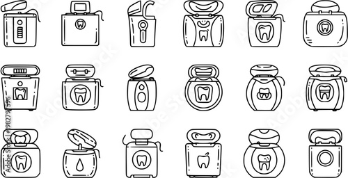 Dental Floss Dispenser Line Art Icons Vector Set for Medical Healthcare and Oral Hygiene Dental Care